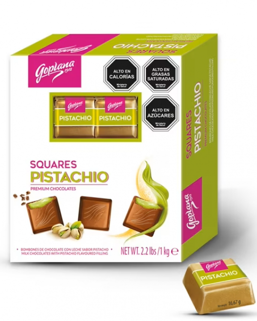 CUADRITO DE CHOCOLATE PISTACHO CAJA 60 UN.
